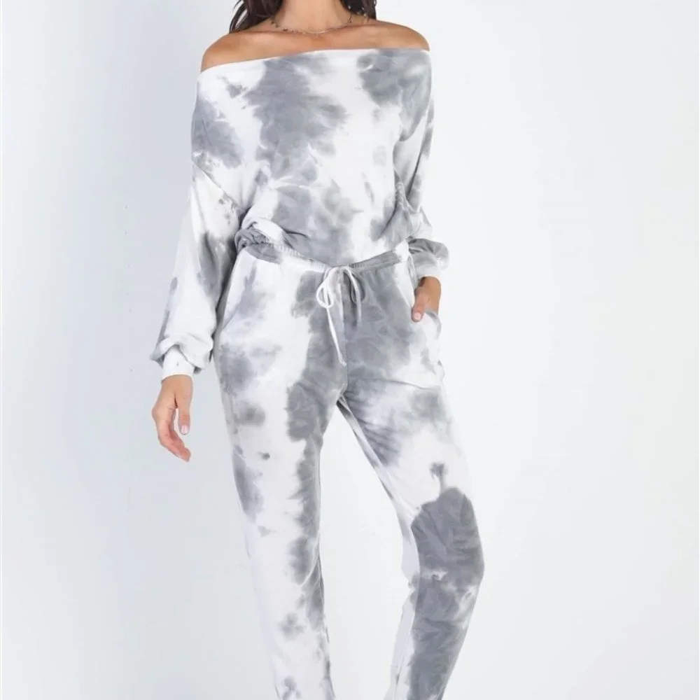 Charcoal Tie-Dye Off-The-Shoulder Top High Waist Pants Set - Picture 2 of 9